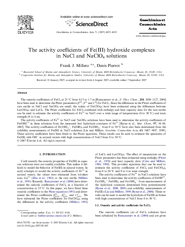 (PDF) The activity coefficients of Fe(III) hydroxide complexes in NaCl ...