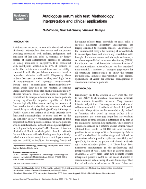 (PDF) Autologous serum skin test: Methodology, interpretation and ...
