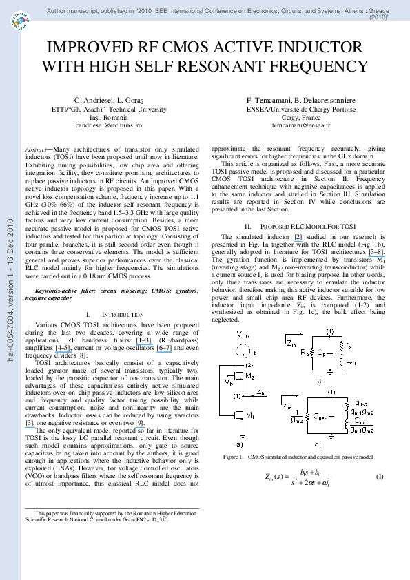 (PDF) Improved RF CMOS active inductor with high self resonant