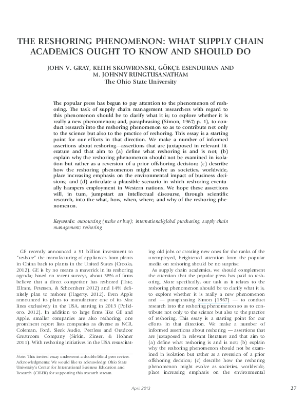 (PDF) The Reshoring Phenomenon: What Supply Chain Academics Ought to