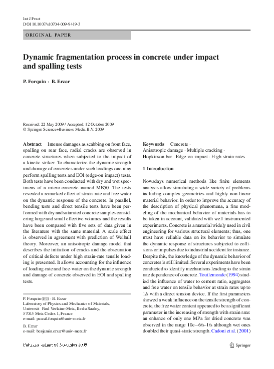 (PDF) Dynamic fragmentation process in concrete under impact and ...