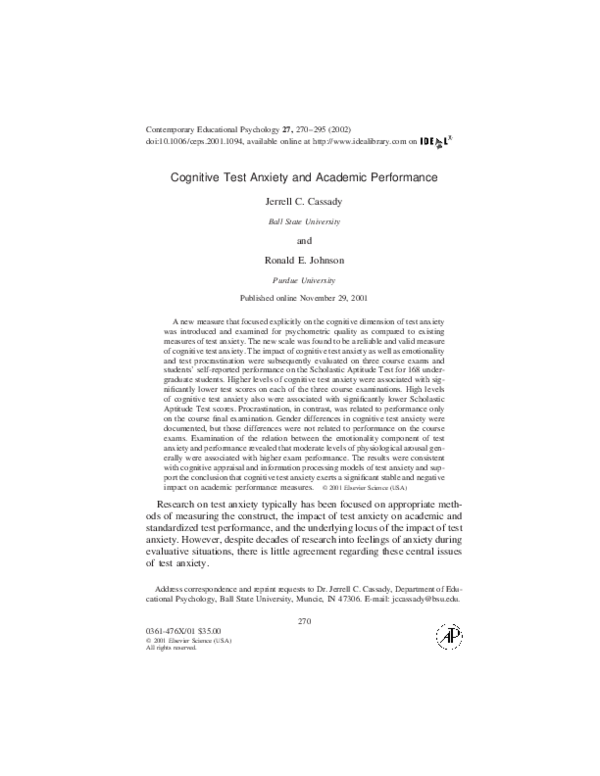 (PDF) Cognitive Test Anxiety and Academic Performance Jerrell Cassady