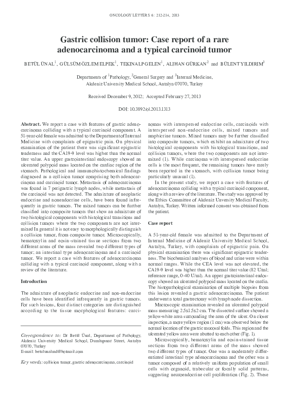 (PDF) Gastric collision tumor: Case report of a rare adenocarcinoma and ...