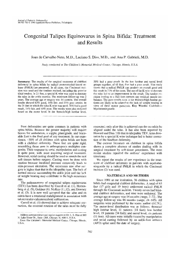 (PDF) Congenital Talipes Equinovarus in Spina Bifida Treatment and Results Luciano Dias