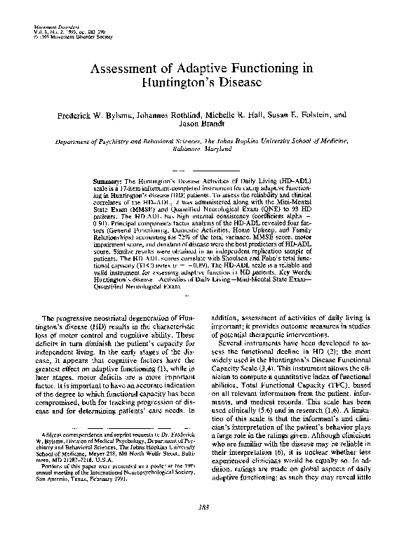 (PDF) Assessment of adaptive functioning in huntington's disease