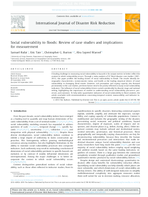 (PDF) Social vulnerability to floods: Review of case studies and ...