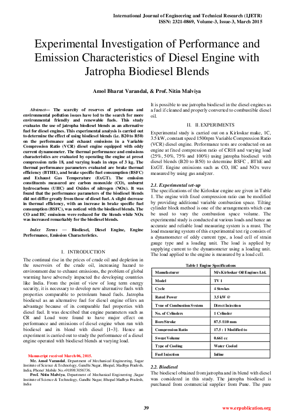 (PDF) Experimental Investigation of Performance and Emission ...