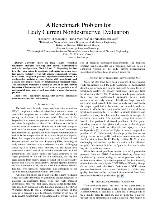 (PDF) A Benchmark Problem for Eddy Current Nondestructive Evaluation Theodoros Theodoulidis