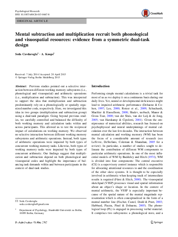 (PDF) Mental subtraction and multiplication recruit both phonological