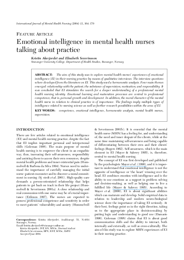 Pdf Emotional Intelligence In Mental Health Nurses Talking About Practice Elisabeth Severinsson Academia Edu