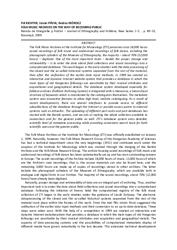 (PDF) Folk Music Archives on the Way of Public Pál Richter