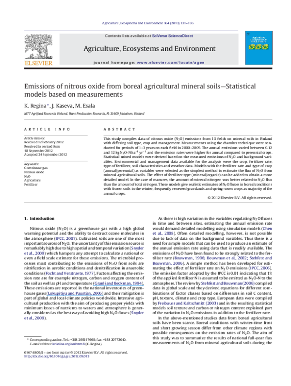 (PDF) Emissions of nitrous oxide from boreal agricultural mineral soils ...