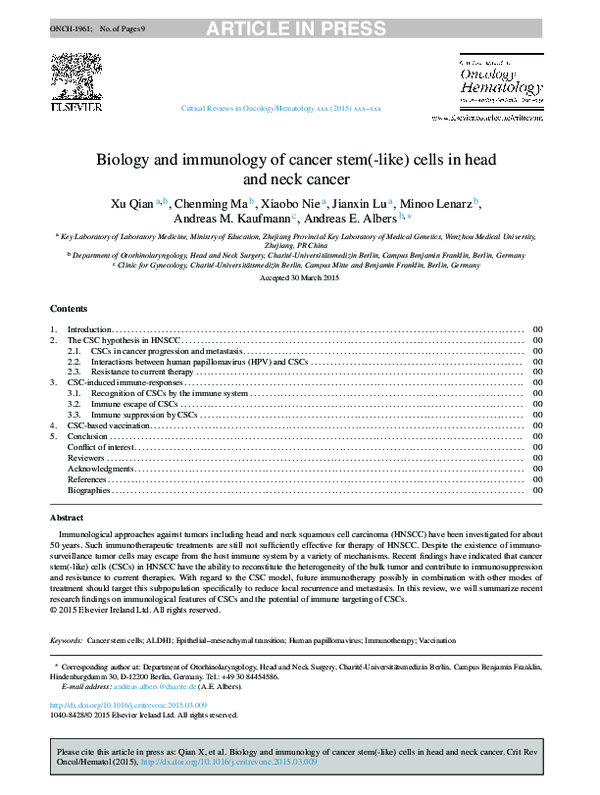 (PDF) Biology and immunology of cancer stem(-like) cells in head and ...