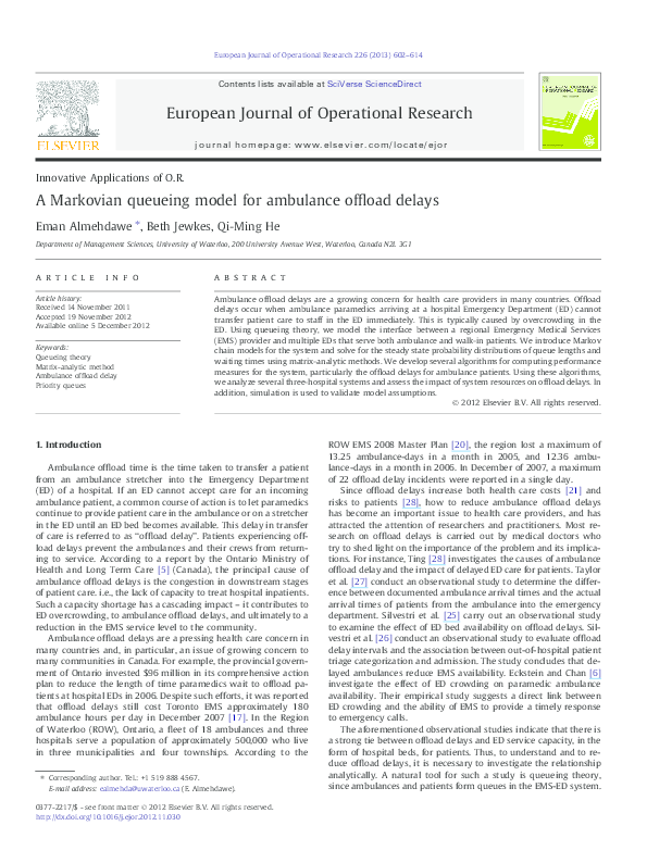 (PDF) A Markovian queueing model for ambulance offload delays