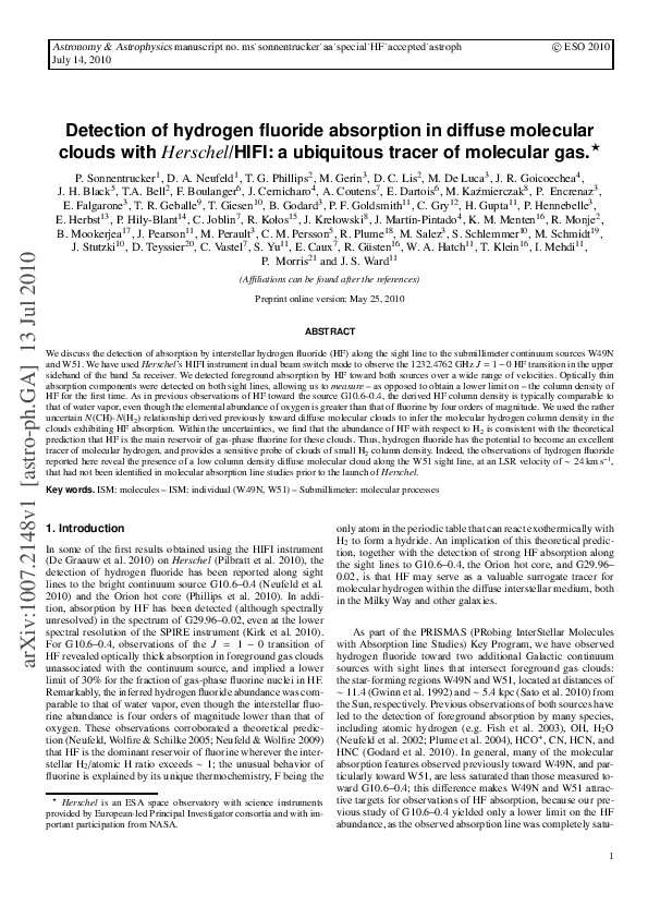 (PDF) Detection of hydrogen fluoride absorption in diffuse molecular clouds with Herschel /HIFI