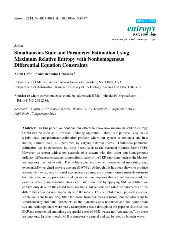 (PDF) Simultaneous State and Parameter Estimation UsingMaximum Relative ...