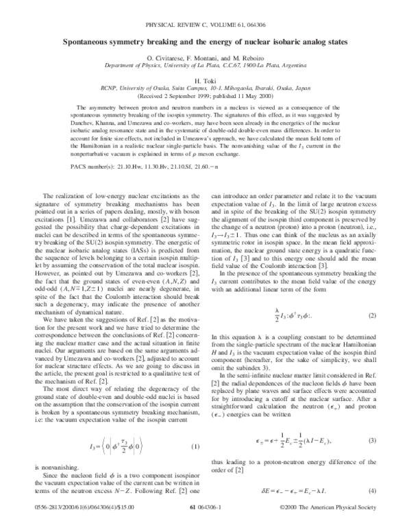 (PDF) Spontaneous symmetry breaking and the energy of nuclear isobaric ...