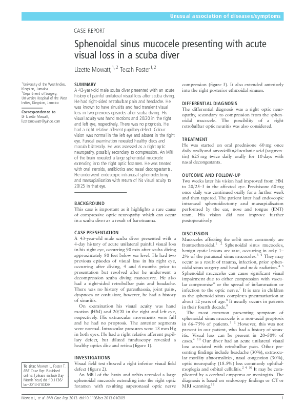 (PDF) Sphenoidal Sinus Mucocele presenting with acute visual loss in a
