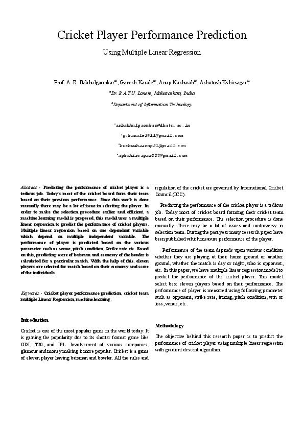 (DOC) Cricket Player Performance Prediction ganesh karale Academia.edu