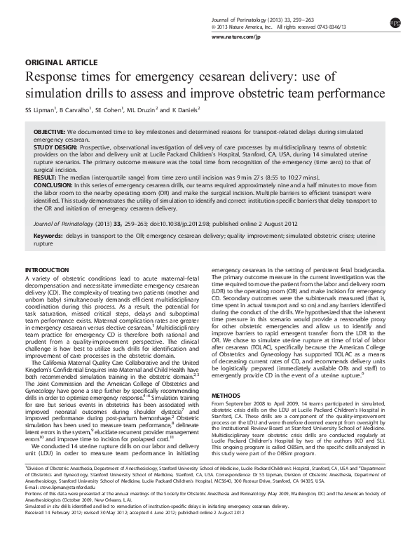 (PDF) Response times for emergency cesarean delivery use of simulation