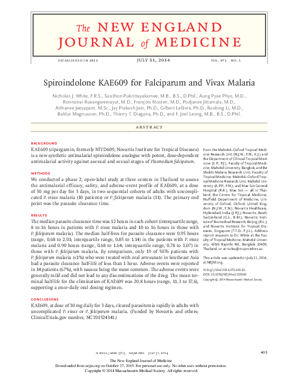 (PDF) Spiroindolone KAE609 for Falciparum and Vivax Malaria