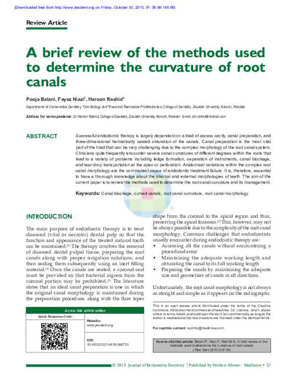 (PDF) A brief review of the methods used to determine the curvature of root canals Haroon