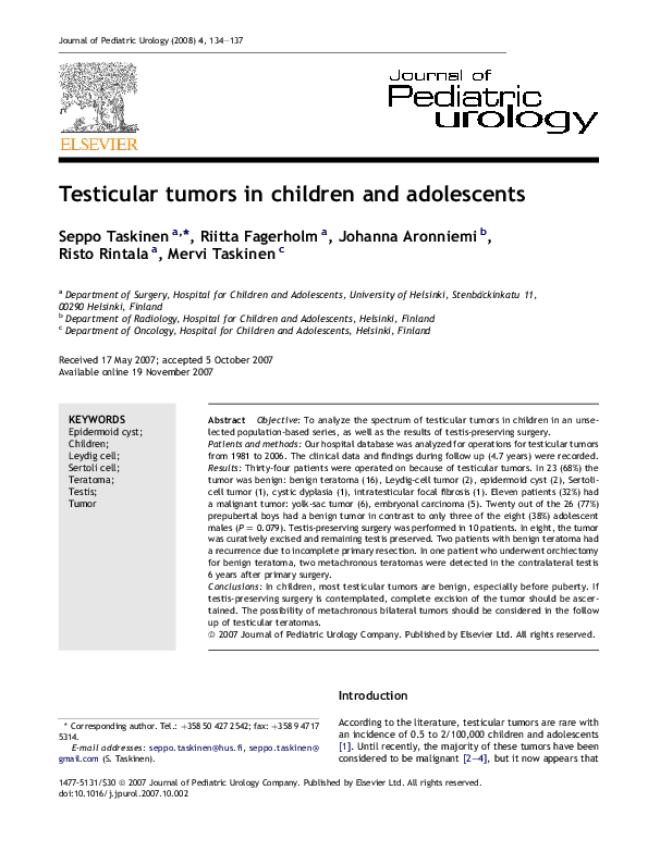 (PDF) Testicular tumors in children and adolescents Seppo Taskinen