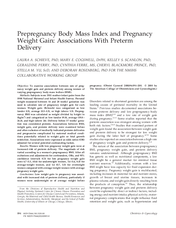 (PDF) Prepregnancy body mass index and pregnancy weight gain ...