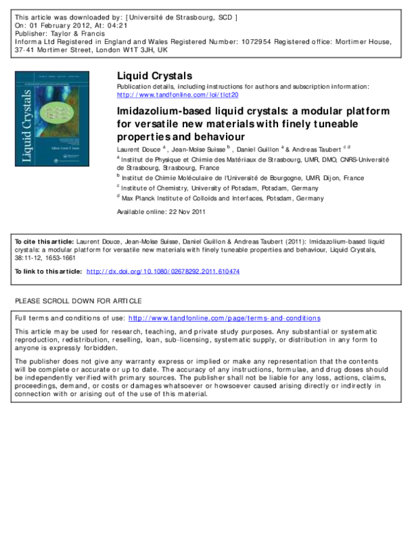 (PDF) Imidazoliumbased liquid crystals a modular platform for versatile new materials with