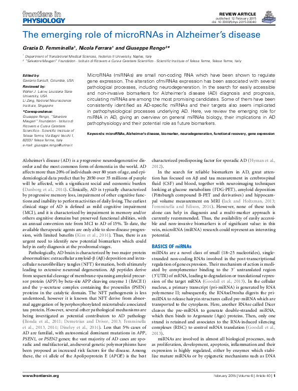 (PDF) The emerging role of microRNAs in Alzheimer's disease