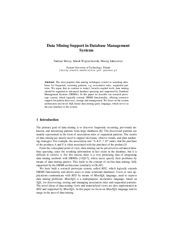 (PDF) Data Mining Support in Database Management Systems