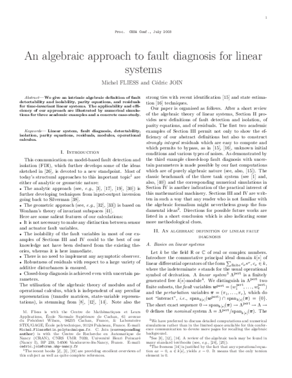 (PDF) An algebraic approach to fault diagnosis for linear systems