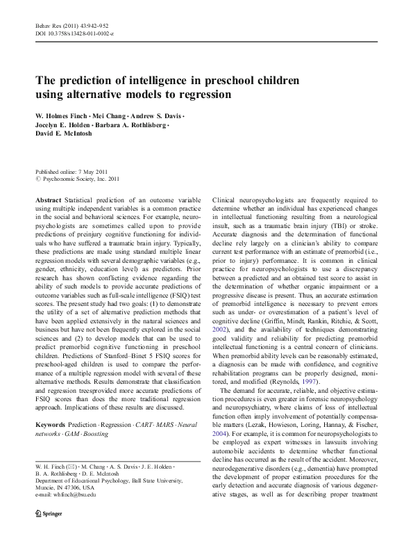 (PDF) The prediction of intelligence in preschool children using ...