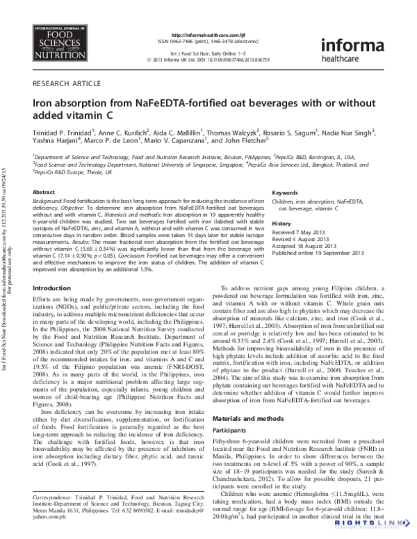 (PDF) Iron absorption from NaFeEDTAfortified oat beverages with or without added vitamin C