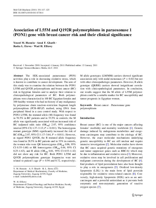 (PDF) Association of L55M and Q192R polymorphisms in paraoxonase 1 ...