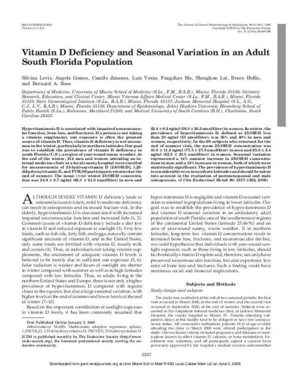 (PDF) Vitamin D Deficiency and Seasonal Variation in an Adult South Florida Population Bruce