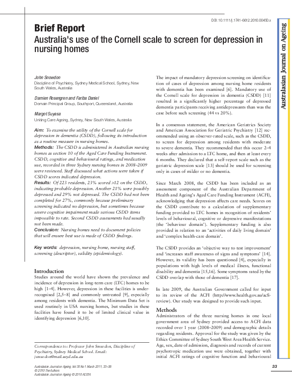 (PDF) Australia's use of the Cornell scale to screen for depression in