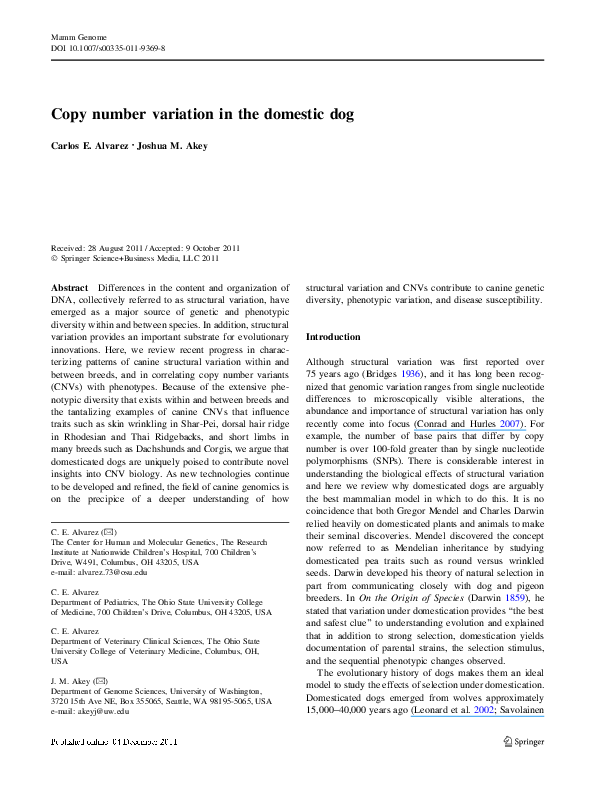 (PDF) Copy number variation in the domestic dog