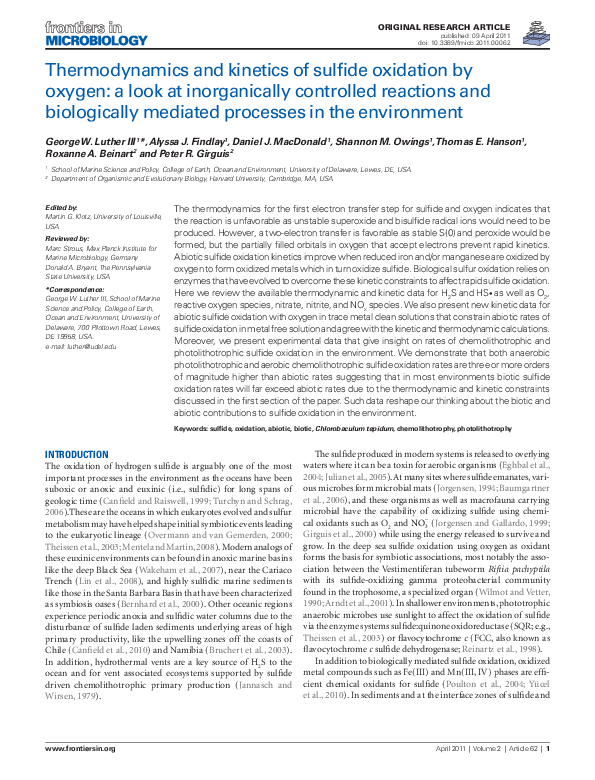 (PDF) Thermodynamics and Kinetics of Sulfide Oxidation by Oxygen: A ...