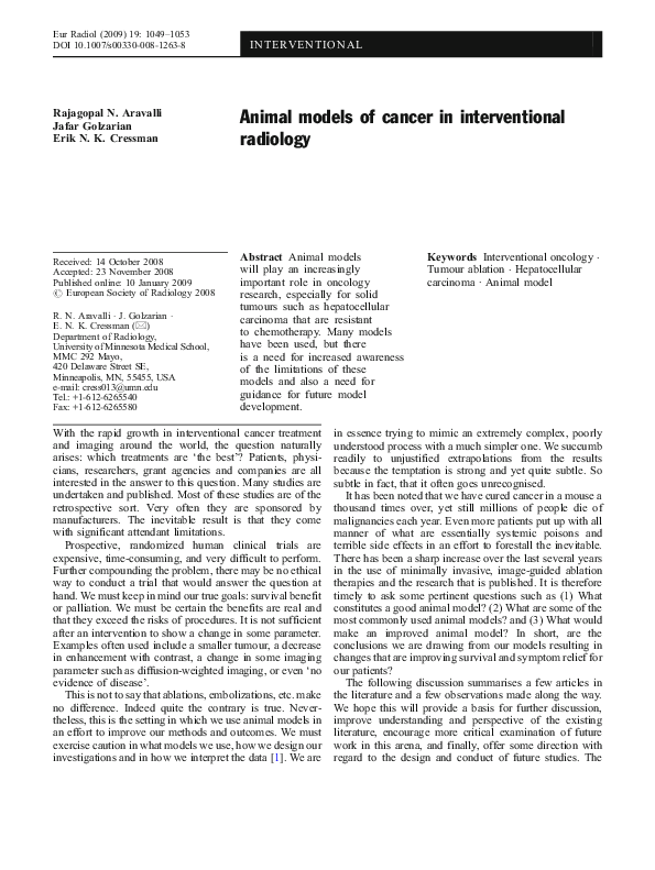 (PDF) Animal models of cancer in interventional radiology