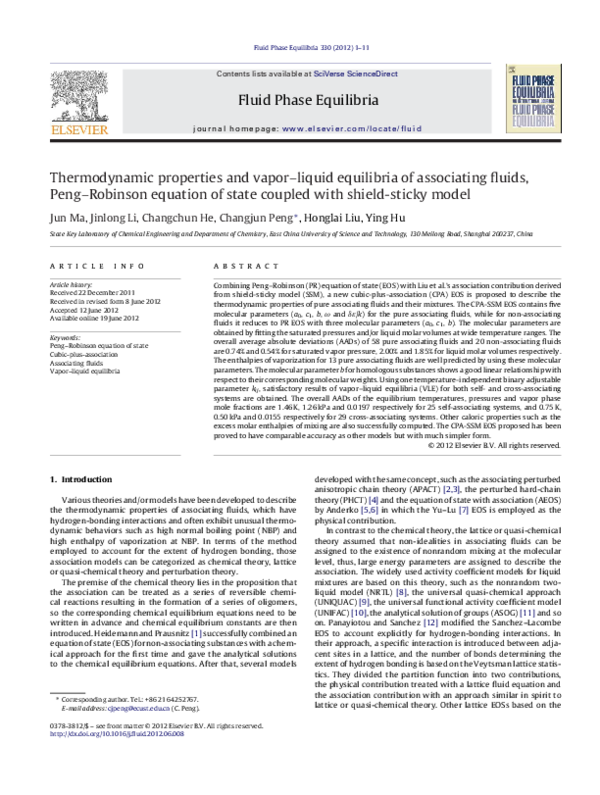 (PDF) Thermodynamic properties and vapor–liquid equilibria of ...