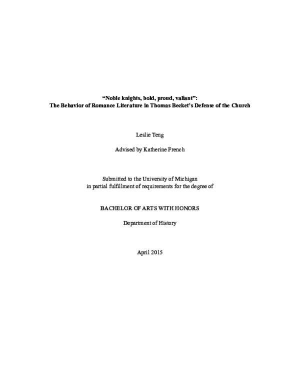 "Noble knight, bold, proud, valiant:" The Behavior of Romance Literature in Thomas Becket's Defense of the Church