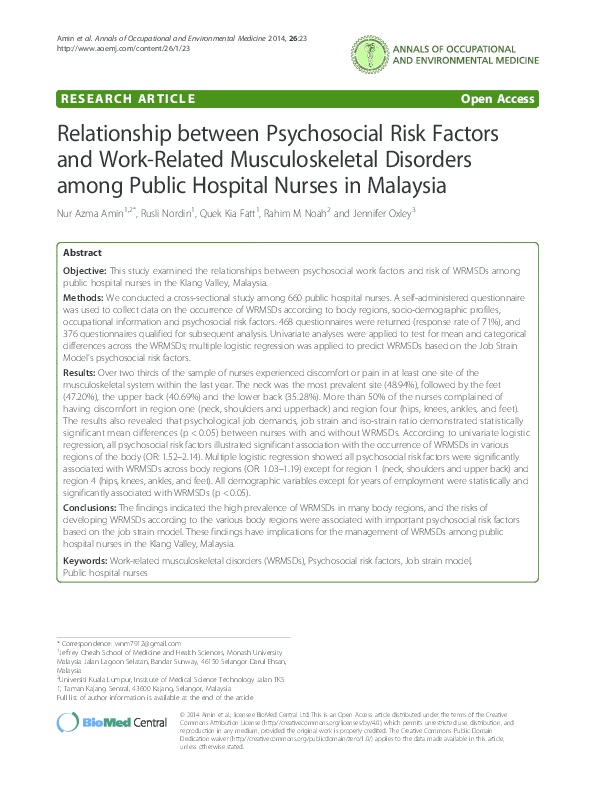 (PDF) Relationship between Psychosocial Risk Factors and Work-Related ...