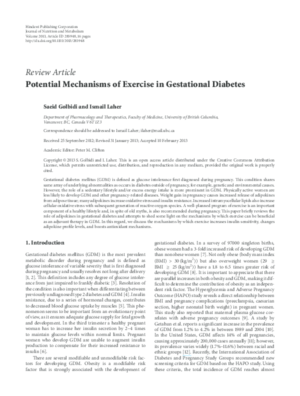 (PDF) Potential Mechanisms of Exercise in Gestational Diabetes