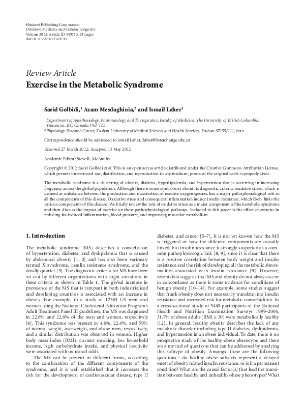(PDF) Exercise in the Metabolic Syndrome