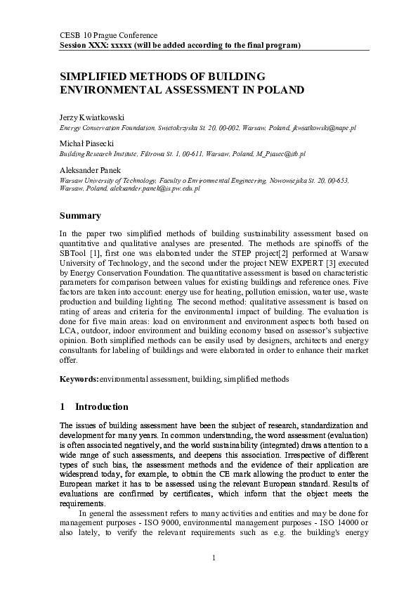 (PDF) SIMPLIFIED METHODS OF BUILDING ENVIRONMENTAL ASSESSMENT IN POLAND