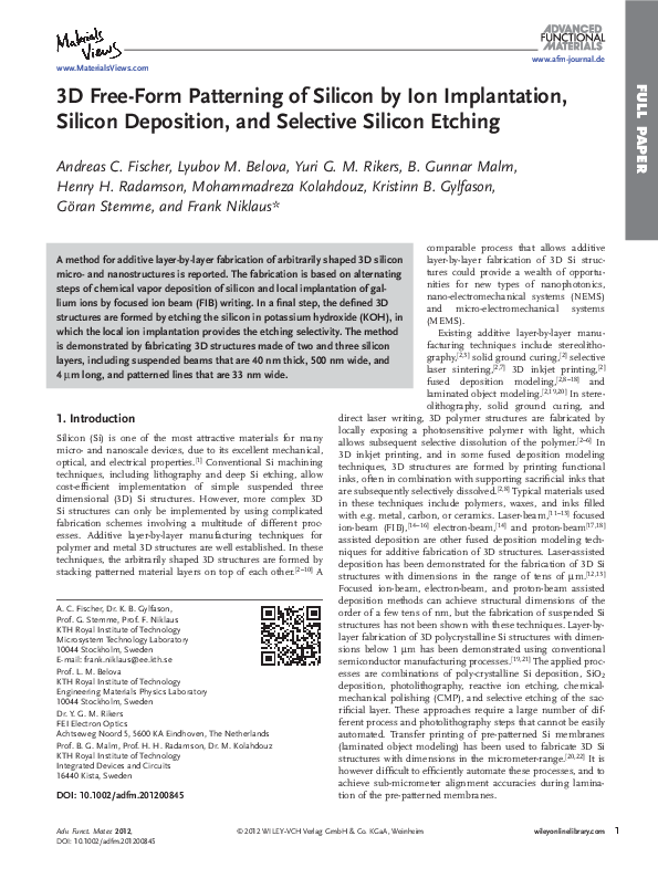 (PDF) 3D Free-Form Patterning of Silicon by Ion Implantation, Silicon ...