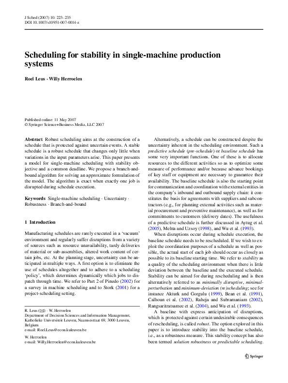 (PDF) Scheduling for stability in single-machine production systems
