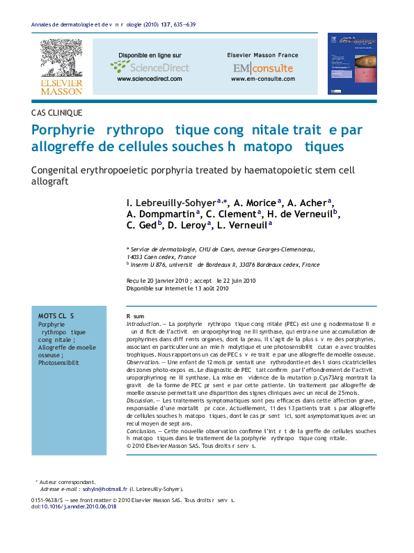 (PDF) Porphyrie érythropoïétique congénitale traitée par allogreffe de