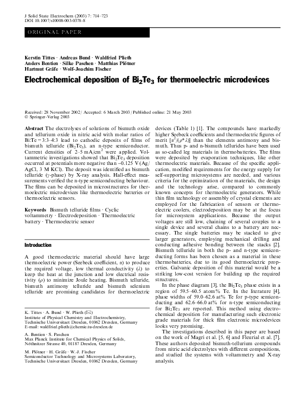 (PDF) Electrochemical deposition of Bi 2 Te 3 for thermoelectric